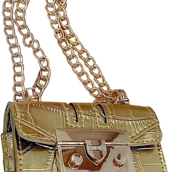 Mini Crocodile Embossed Metal Flap Clutch with Chain - Elegant Women's Square Ba - Picture 1 of 6